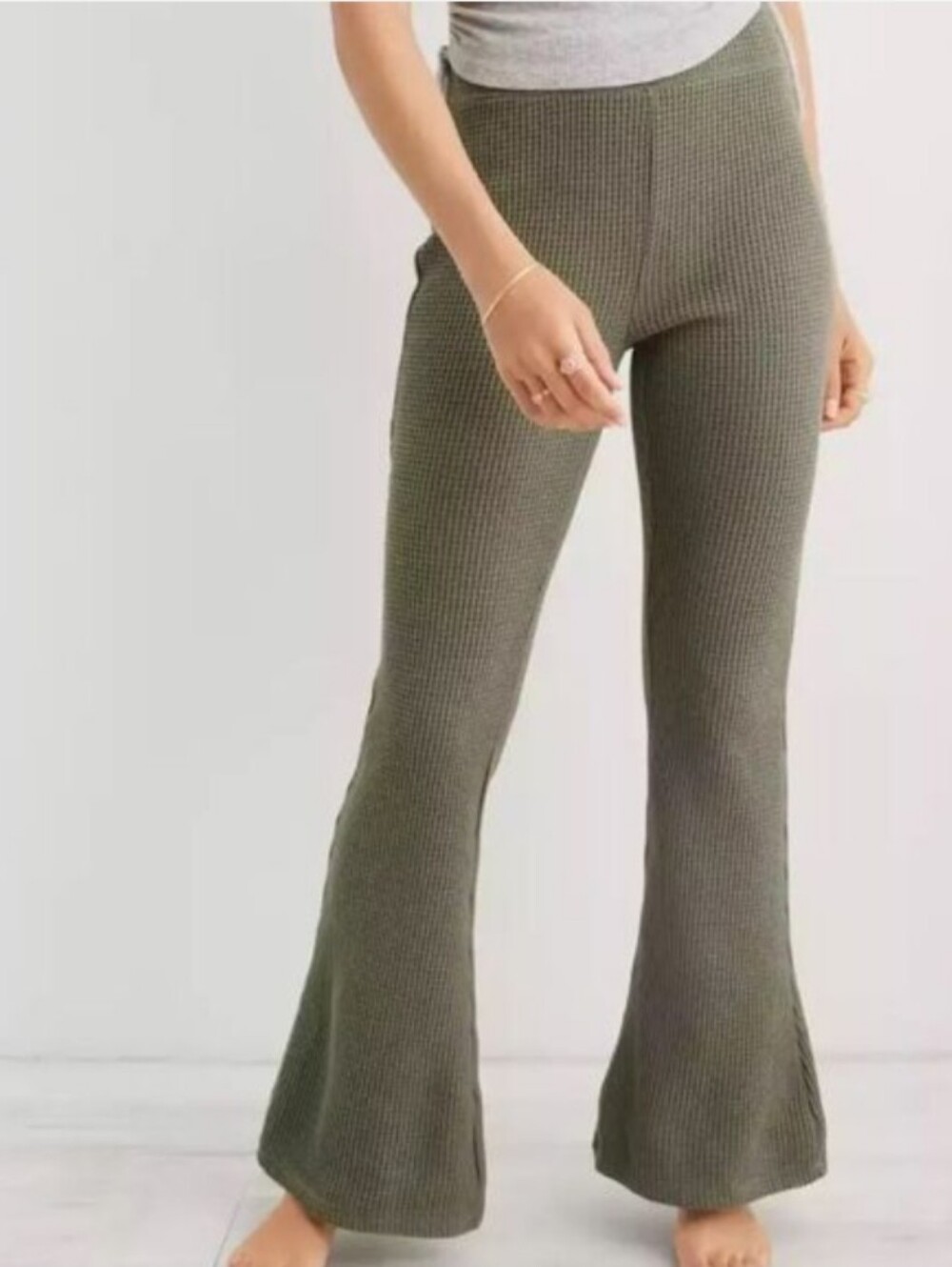 AERIE Waffle Knit Flare Pants in Olive Green Size Large